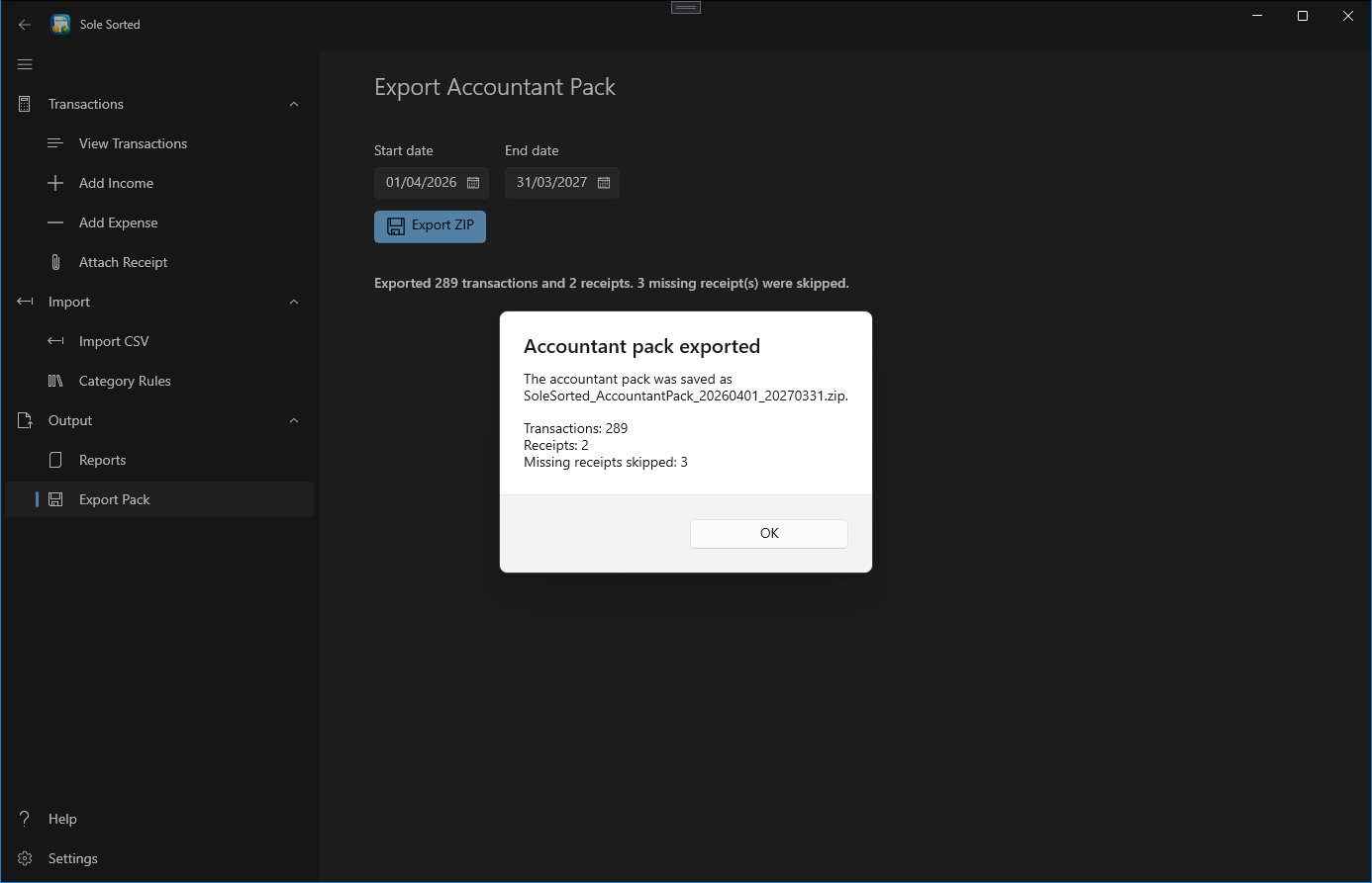 SoleSorted accountant pack export screen with options for preparing a ZIP file.