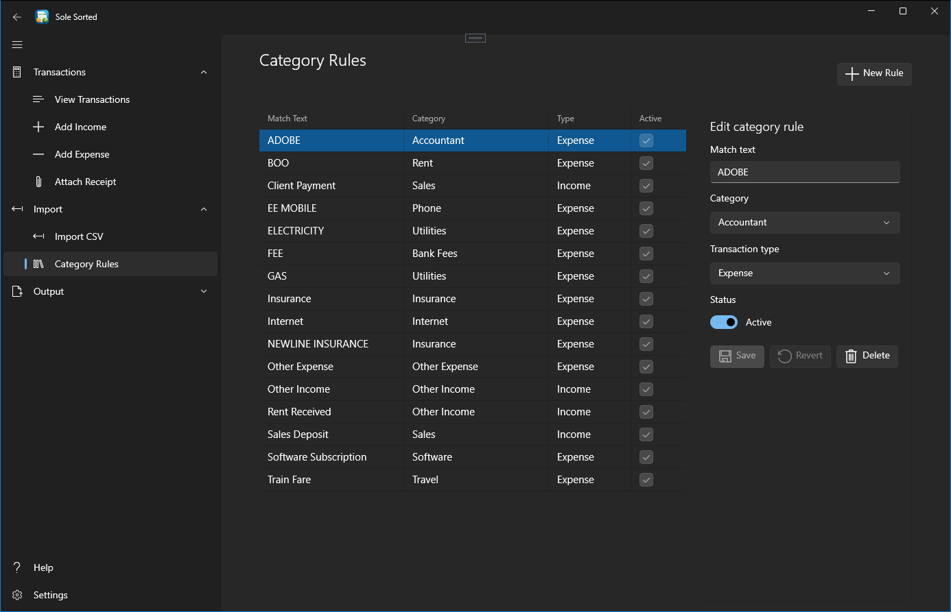 SoleSorted category rules screen showing reusable transaction matching rules.
