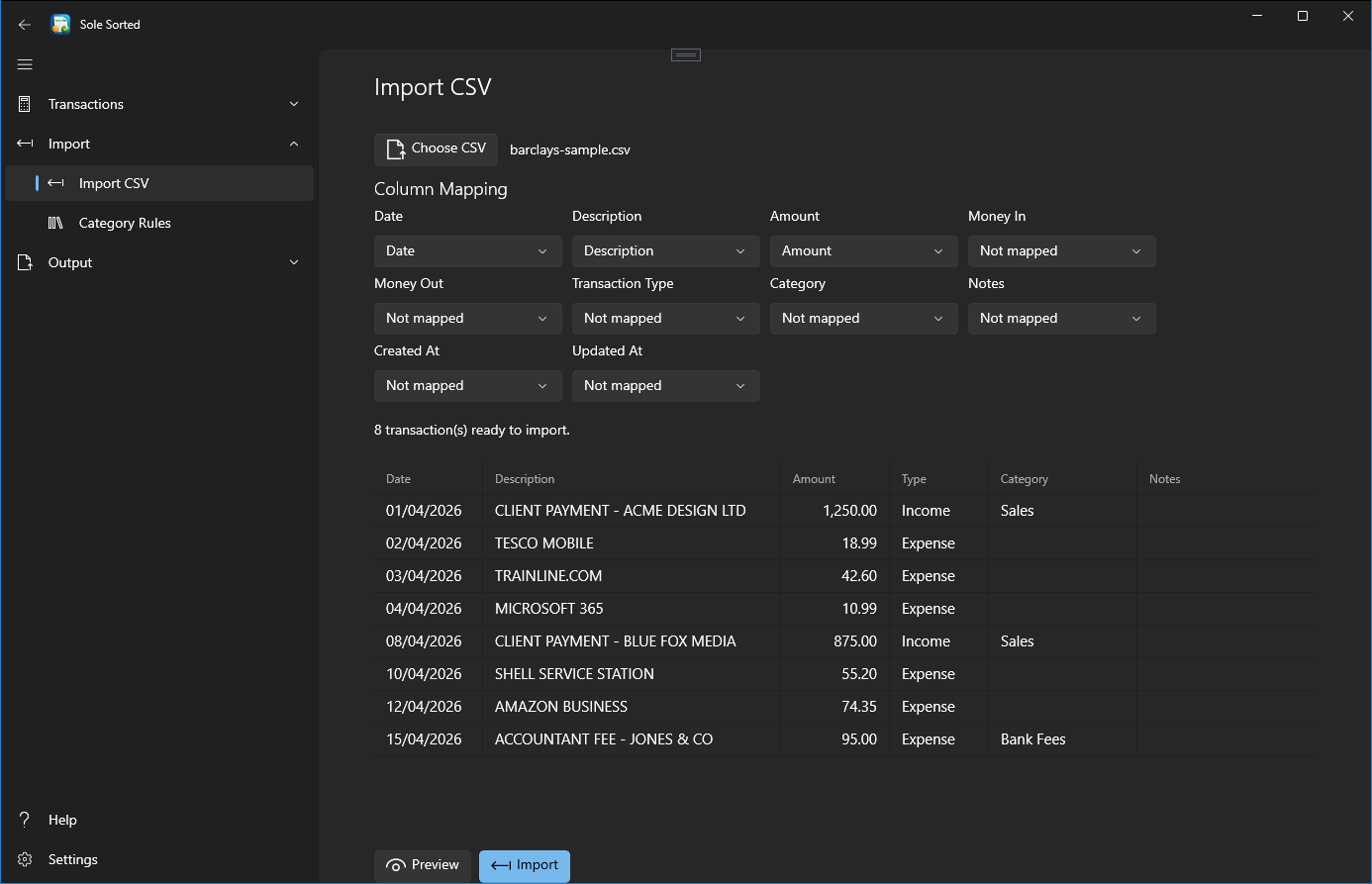 SoleSorted CSV mapping screen for matching bank file columns before import.