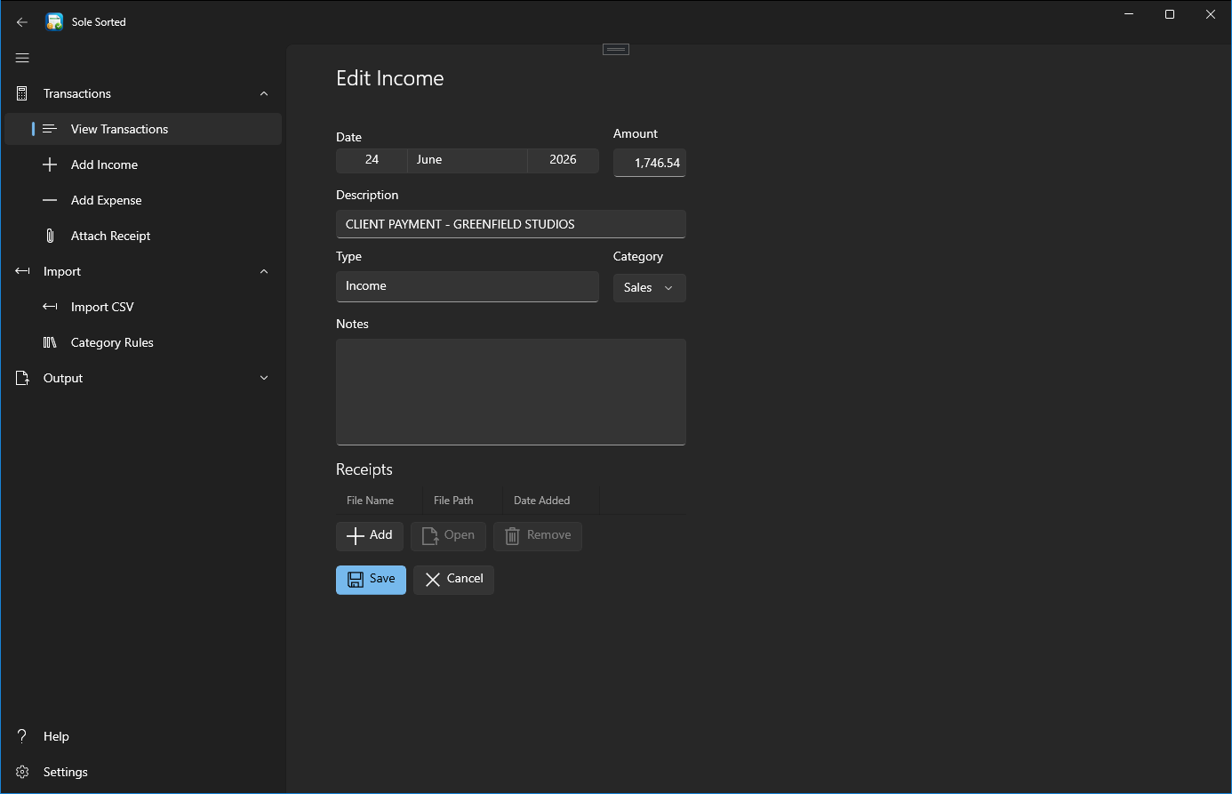 SoleSorted transaction editor for checking and categorising income and expenses.