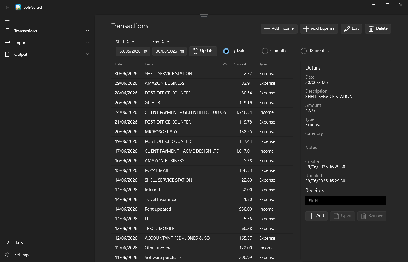 SoleSorted dashboard showing income, expenses, bookkeeping progress and recent transactions.