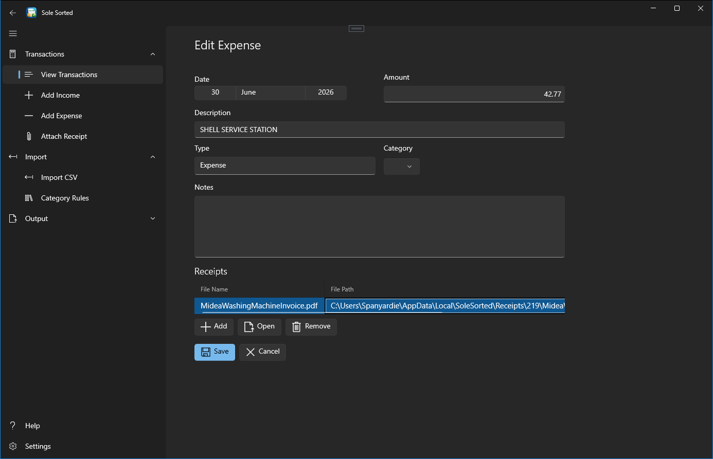 SoleSorted receipt attachments screen with files linked to a transaction.